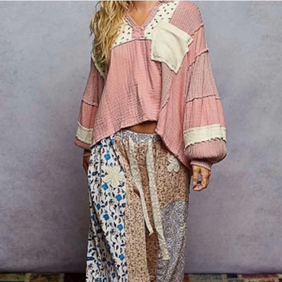 NWT POL Oversized Quilted Patchwork Top in Dusty Pink Size Large - Picture 2 of 4